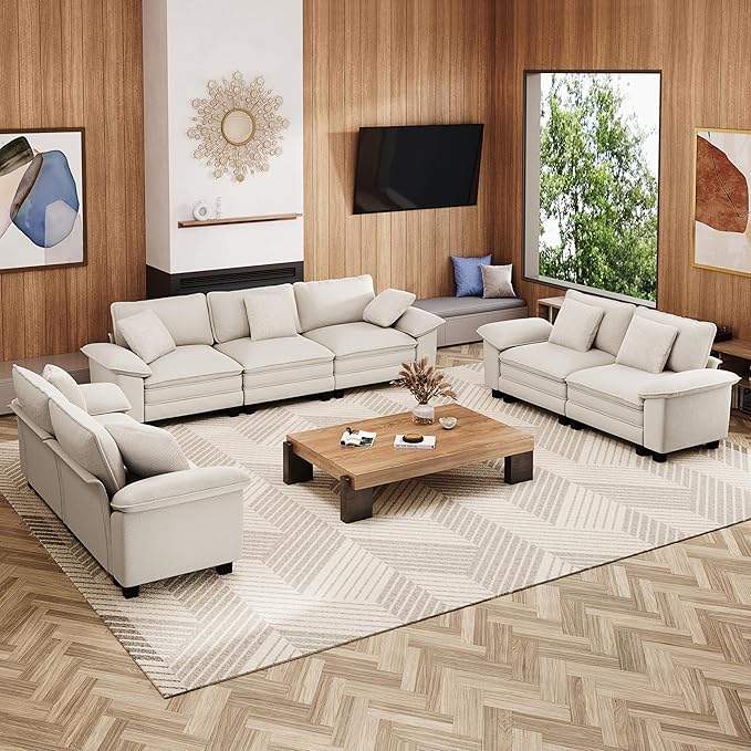 Cloud Couch Sectional Sofa Set, Plush 24.4-Inch Deep 7-Seat Sectional with Velvety Chenille & Removable Arms for Living Room and Apartment, Beige