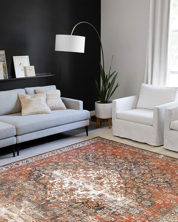 Loloi Layla Collection LAY-05 Ocean/Multi 2'-3" x 3'-9" .13" Thick Accent Rug, Soft, Durable, Vintage Inspired, Distressed, Low Pile, Non-Shedding, Easy Clean, Printed, Living Room Rug