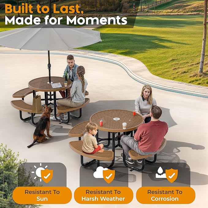 Metal Picnic Tables for Outdoors with Umbrella Hole - Coated Steel Heavy Duty Commercial Grade Furniture Set with Adjustable Seats (Brown, 38 in, Round, Expanded Steel)