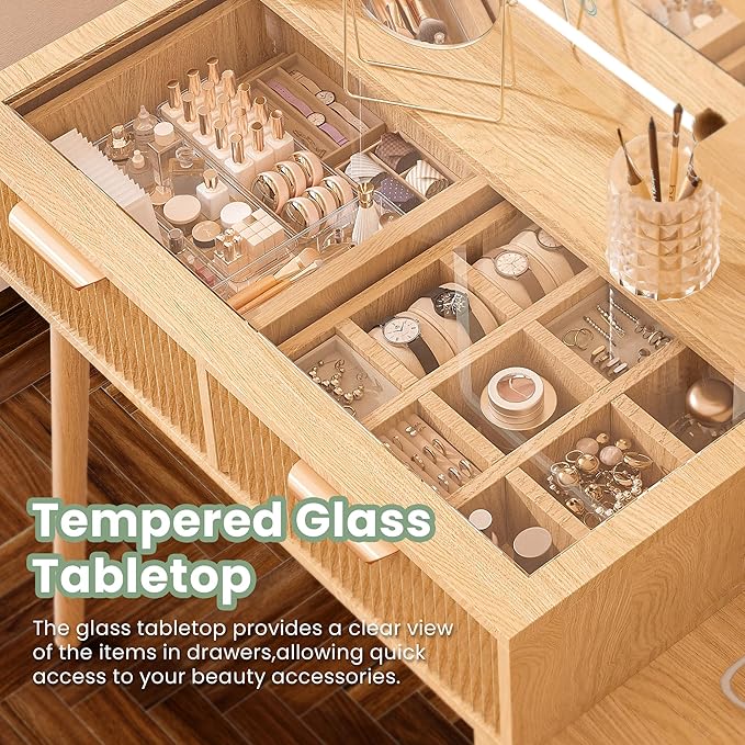 Fluted Vanity Desk with Mirror and Lights, 3 Color Clear Glass Door Dressing Table with Charging Station, 5 Drawers Glass Top Makeup Vanity with 9-Grid Organizer and 10 Storage, Light Oak