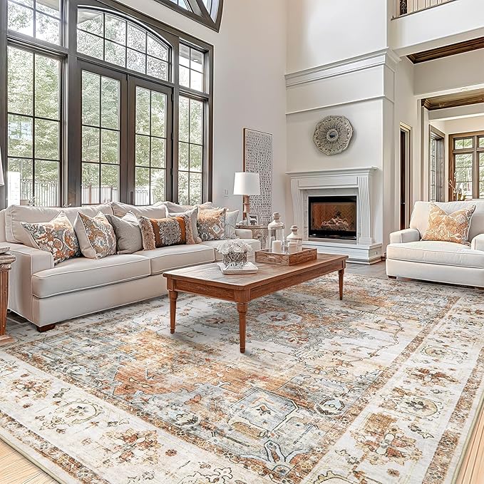 Area Rugs for Living Room 10x14 - Extra Large Machine Washable Vintage Oriental Soft Rug, Low Pile Thin Carpet with Non Slip Backing for Bedroom, Dorm, Dining Room, Indoor House, Office