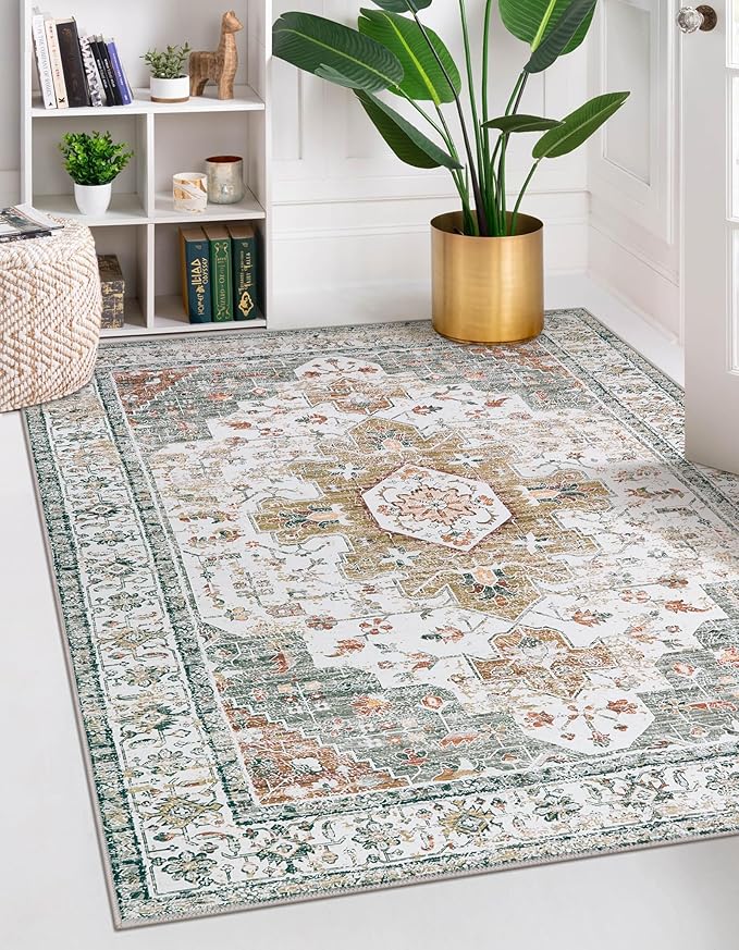 Moynesa Ultra-Thin Washable Area Rug - 5x7 Rugs for Living Room Washable Rugs for Bedroom Soft Office Mat, Printed Low Pile Accent Dining Room Carpet for Basement Nursery Playroom, Beige/Gold