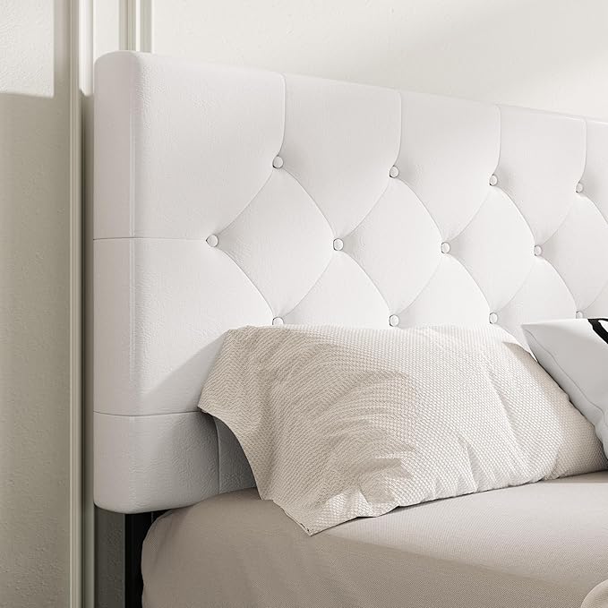 MUTICOR Full Size Bed Frame with 4 Storage Drawers, Upholstered Platform Bed with Button Tufted Adjustable Headboard, No Box Spring Needed, Easy Assembly, Diamond Tufted, White Leather