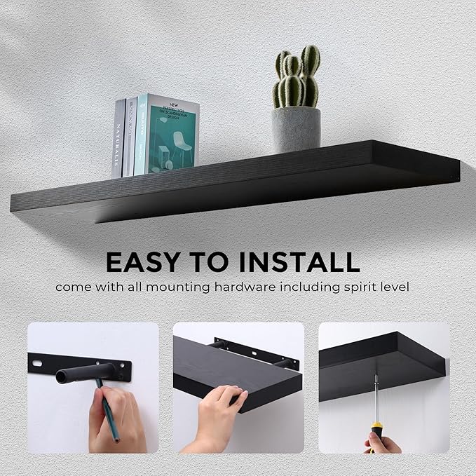 Fun Memories Floating Shelves - 9.3 Inch Deep Wall Shelf for Decor & Storage - Wall Mounted Display Shelving with Invisible Heavy-Duty Metal Bracket - 48" W x 9.3" D x 1.5" H - Set of 1 - Rustic Black