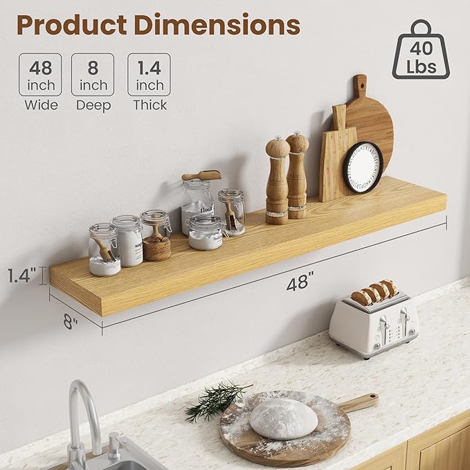 48 Inch Floating Shelves for Wall, 8 Inch Deep Floating Shelf for Storage & Display, Rustic Wall Mounted Shelf with Invisible Brackets for Living Room, Kitchen, Bathroom, Home Decor, Set of 2, Oak