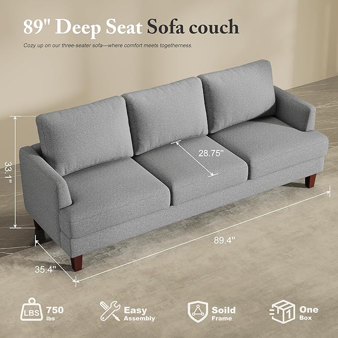 3 Seater Sofa Couch with Deep Seats, 89" Mid Century Modern Upholstered Sofa with Armrests, Comfy Couches for Living Room, Bedroom and Office, Linen Fabric Apartment Couch (Linen Grey)