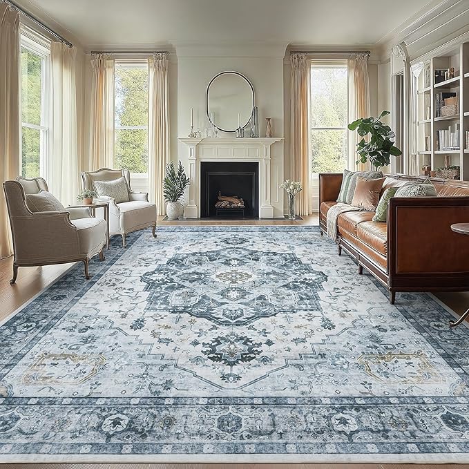 AMADA HOMEFURNISHING 9x12 Area Rug, Washable Low-Profile Large Area Rug with Non-Slip Backing & Durable Edge Binding, Vintage Large Rugs for Living Room, Bedroom