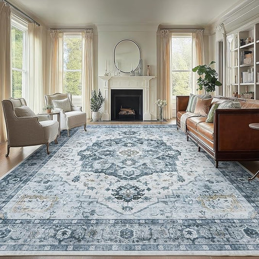 AMADA HOMEFURNISHING 9x12 Area Rug, Washable Low-Profile Large Area Rug with Non-Slip Backing & Durable Edge Binding, Vintage Large Rugs for Living Room, Bedroom