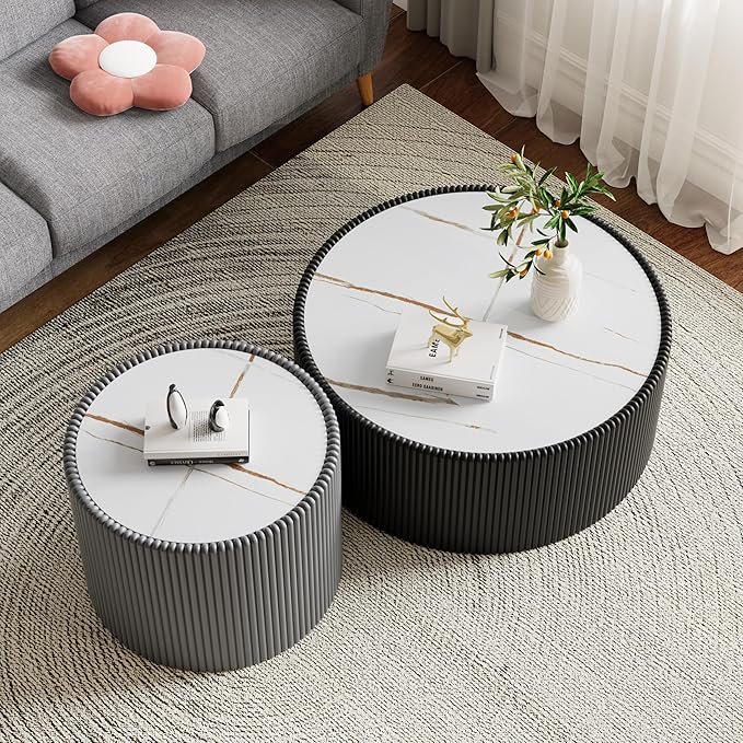 Round Coffee Table Set with Sintered Stone Tabletop, 29.52" Black Drum Center Table and 17.71" Grey Coffee Table Set, 2 Pieces Living Room Table Set with Fluted PU Leather Cover& Stable Base