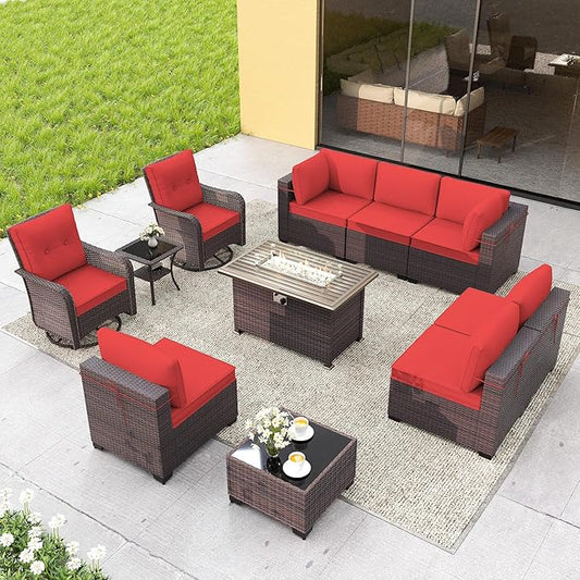 Gotland 11 Pieces Patio Furniture Set with Fire Pit Table Swivel Chairs, PE Rattan Outdoor Furniture with 29.5'' High Backrest 4’’ Thick Cushions, Outdoor Sectional for Porch, Deck, Garden, Red