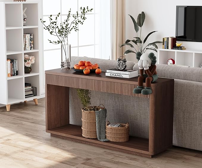 59.8”Rectangular Rustic Fluted Console Table with 2 Drawers,Solid Wood Entry Table Hallway Table, Modern Farmhouse Narrow Sofa Table for Foyer Living Room,Bedroom,Apartments-Walnut
