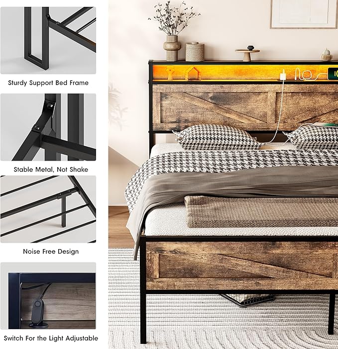 Vabches Full Size Bed Frame with Headboard and Charging Station, Brown Platform Bed Frame with Led Light, No Box Spring Needed, Noise Free Farmhouse Bedroom Set