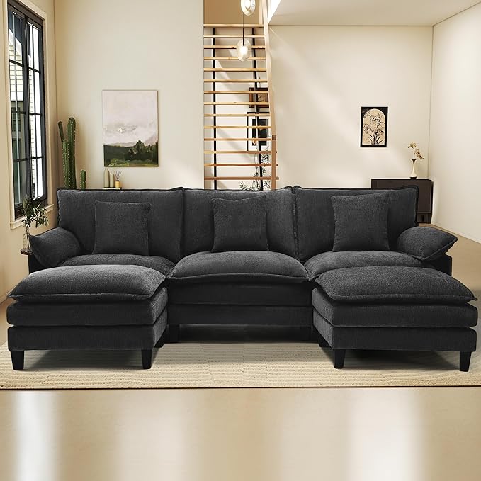 Modular Sectional Sofa, Comfy Cloud Couch with Movable Ottoman, Deep Seat Couches for Living Room, Bedroom and Apartment, 106" U Shaped Modern Sofa with Pillows, Black