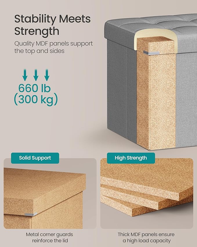 SONGMICS MAZIE Collection - 43 Inches Folding Storage Ottoman Bench, Ottoman Foot Rest, End of Bed Bench, Storage Chest, Load 660 lb, for Living Room, Bedroom, Entryway, Light Gray ULSF77G