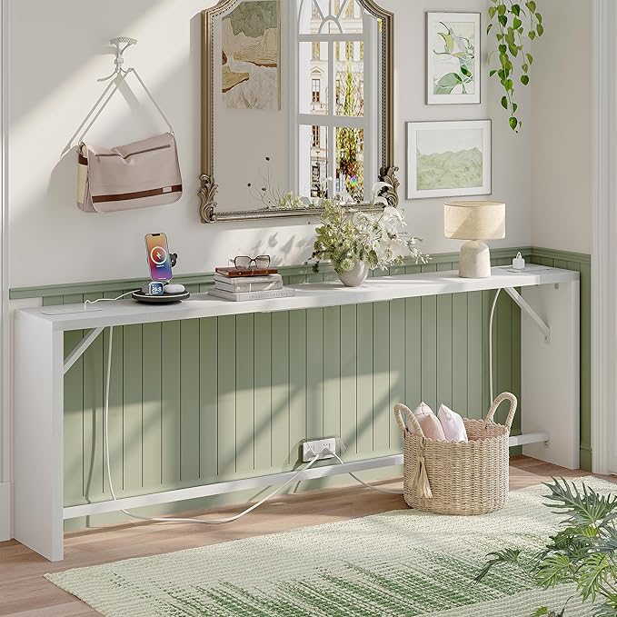 TIQLAB Sofa Table, 79''L x 9.1''W (1.2'' Thickness) Long Console Table Behind Couch, Entryway Table with Angled Metal Frame, Industrial Console Table, White