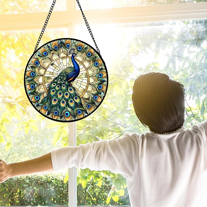 Stained Glass Window Hanging - Retro Peacock Decoration Suncatcher for Door Garden Home Bird Feather Sun Catchers Christmas Mother's Day Birthday Gifts for Women Men Mom Nana Friend 11.8 in