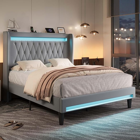 Allewie Upholstered Full Size Platform Bed Frame with LED Light and Charging Station, Button Tufted High Headboard, Wingback Design, Noise Free, Easy Assembly, No Box Spring Needed, Grey