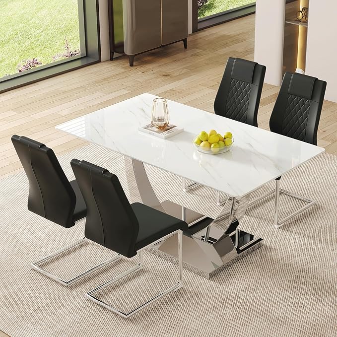 AZmac 63" Modern Dining Table Set for 4, White Dining Room Set for 4, Tempered Glass Kitchen Table and PU Leather Chairs, Marble Pattern Top with Sturdy Silver Chrome Base