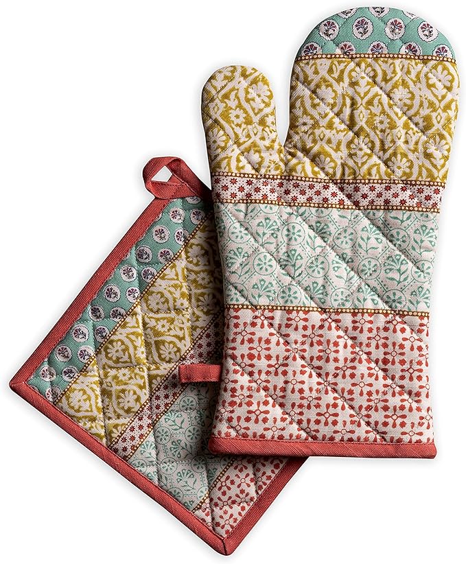 Maison d' Hermine 100% Cotton Oven Mitt & Pot Holder Set (7.5"x13" & 8"x8") Heat Resistant BBQ Cooking Gloves with Loop, Baking, Grilling, Kitchen, Handling Hot Pans Spring/Summer (Provence)