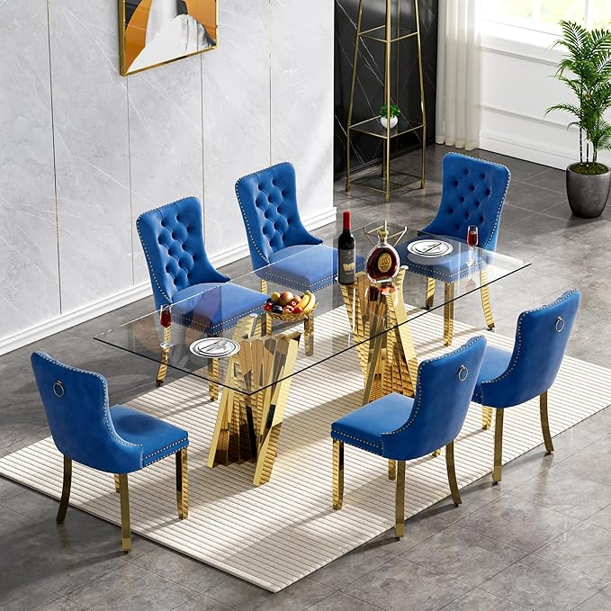Goujxcy Modern 7 Piece Glass Dining Table Set Luxury Glass Kitchen Table and Chair Set for 6, 70" Large Rectangular Dining Room Table with 6 Tufted Chairs and Stainless Steel Legs (Gold & Blue)
