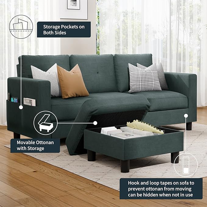 SUNLEI Convertible Sectional Couches for Living Room, L Shaped Couch with Movable Ottoman Storage, 3 Seat Small Couches for Living Room in Apartment, Linen Fabric, Dark Grey