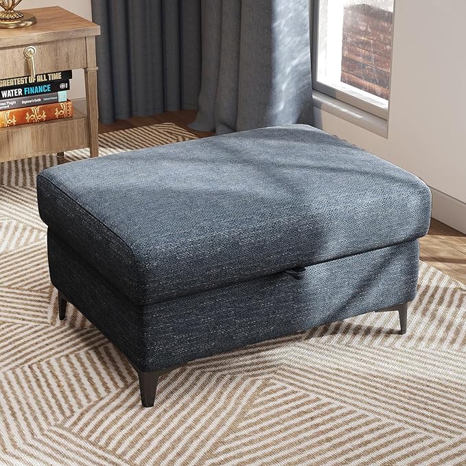 35" Large Storage Ottoman for Living Room, 7.8" Deep Seat Rectangular Ottoman Foot Rest for Couch, Chenille Storage Footstool Load 350 lb （Blue）