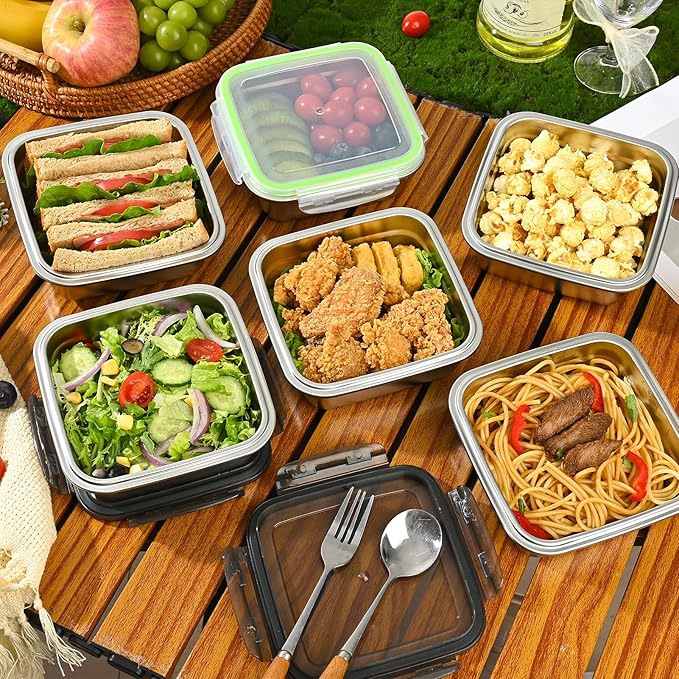 4 Pack 24oz Stainless Steel Sandwich Containers with Airtight Leak-Proof Lids, Reusable Metal Lunch Boxes for Meal Prep, Bento, Snack, Travel & Family, BPA-Free Dishwasher Safe (Green, Black)