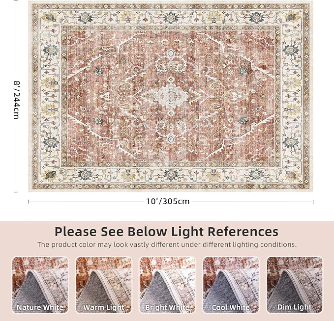 8x10 Rugs for Bedroom, Vintage Washable Rugs Non Slip Large Area Rug for Living Room Dining Room Office, Floor Decoration Big Carpet Low-Pile Kid & Pet Friendly(Border Brick Red)