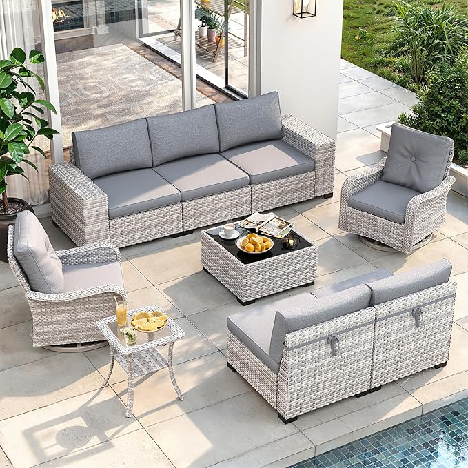 9 Piece Outdoor Wicker Rattan Sectional Sofa Set with Swivel Chairs, 7-Seats Conversation Set with 4" Thickened Cushions & Coffee Table, All-Weather PE Rattan for Garden, Backyard, Porch, Grey