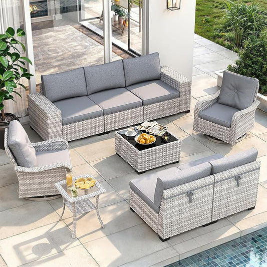 9 Piece Outdoor Wicker Rattan Sectional Sofa Set with Swivel Chairs, 7-Seats Conversation Set with 4" Thickened Cushions & Coffee Table, All-Weather PE Rattan for Garden, Backyard, Porch, Grey