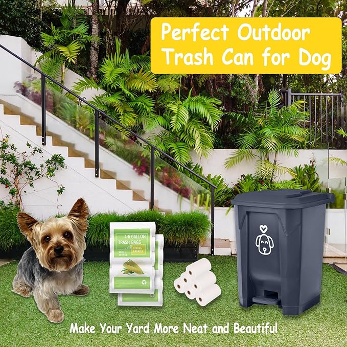 Outdoors Dog Poop Trash Can with Lid & 290PCS Waste Bags, Cute Dog Waste Trash Can for Dog Poop, Yard, Home, Garden, Kitchen, 15 Litre Grey Step with Removable Inner Bin, AG