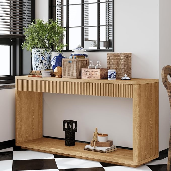 59.8”Rectangular Rustic Fluted Console Table with 2 Drawers,Solid Wood Entry Table Hallway Table, Modern Farmhouse Narrow Sofa Table for Foyer Living Room,Bedroom,Apartments-Natural Oak