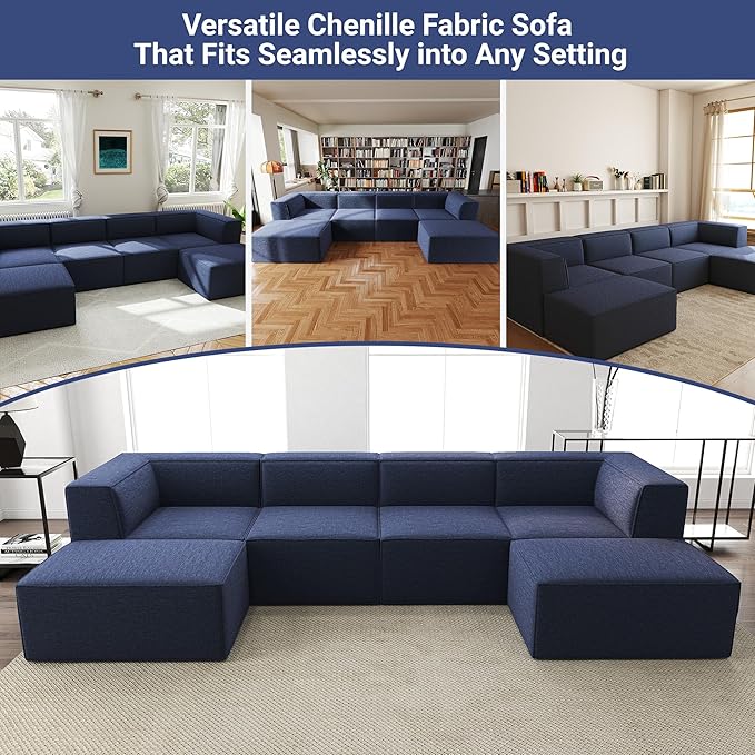 136" 6-Piece Sectional Sofa Modular Couches,L-U-Shaped with Chaise,for Living Room,Compressed Foam No Assembly,for Living Room (2xArmless Corner Ottoman) Fabric Chenille Blue