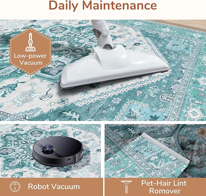 OPPODREAM Thin 6x9 Area Rugs, Washable Rug 6x9 with Non Slip Backing, Faux Cashmere Low-Pile 6 x 9 Carpet, Teal & Turquoise & Cream