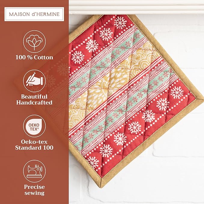 Maison d' Hermine Pot Holders 100% Cotton Heat Resistant Potholders 8" x 8" Hot Pads with Loop for Thanksgiving Christmas Decorations BBQ Cooking Baking Handling Hot Pans (Pack of 1, Sofia)