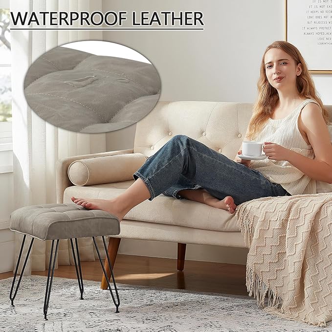 PU Leather Vanity Stools, Vanity Stool Chairs for Makeup Faux Leather Foot Stools Ottoman with Metal Leg Make up Chairs for Vanity Small Bench Seat for Living Room Bedroom (Gray)