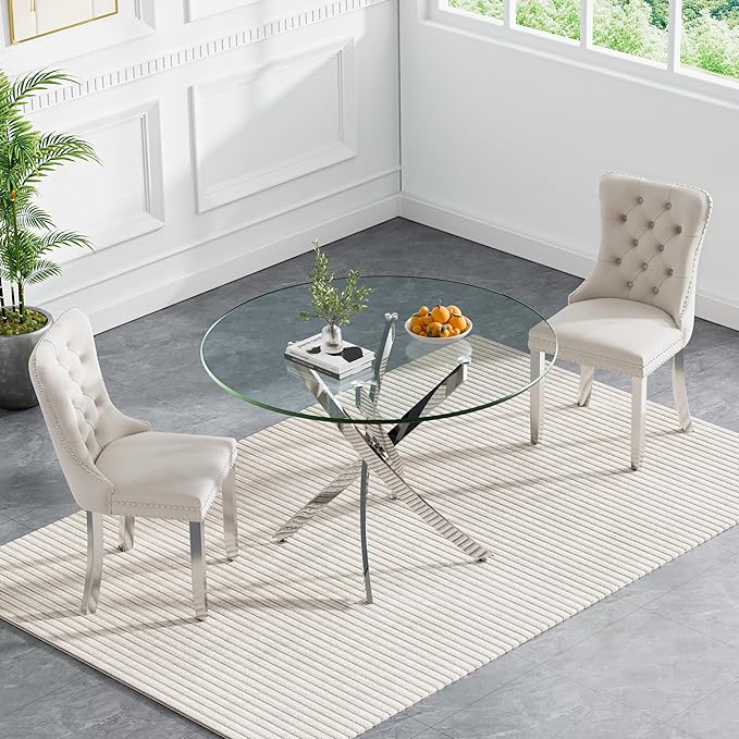 Goujxcy 3 Piece Round Glass Dining Table Set for 2, 36" Round Dining Table & Chair Set Modern Circle Glass Kitchen Table and 2 Velvet Upholstered Chairs for Kitchen Dining (Silver Table & Beige Chair)