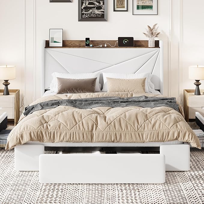 SHA CERLIN Queen Bed Frame with 3 Drawers, USB & Type-C Charging Ports, Velvet Upholstered Platform Bed with Modern Geometric Wingback Storage Headboard, No Box Spring Needed, Easy Assembly, White