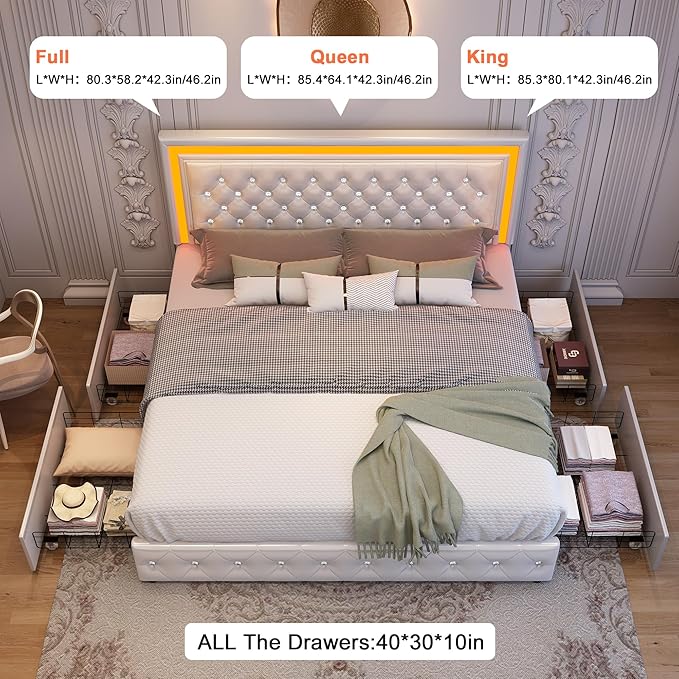 Full Led Bed Frame with 4 Storage Drawers, Bed Frame with Led Lights No Box Spring Needed, 900 lbs Capacity, Easy Assembly, PU White