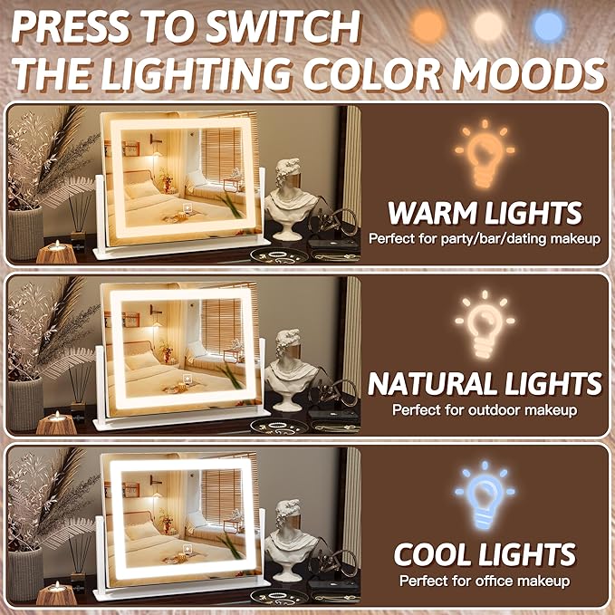 FENNIO Vanity Mirror with Lights, 12" x 16" Lighted Makeup Mirror with Smart Touch Control, 3 Color Modes & Brightness Adjustable, LED Makeup Mirror with 10X Magnification, 360° Rotation for Bedroom