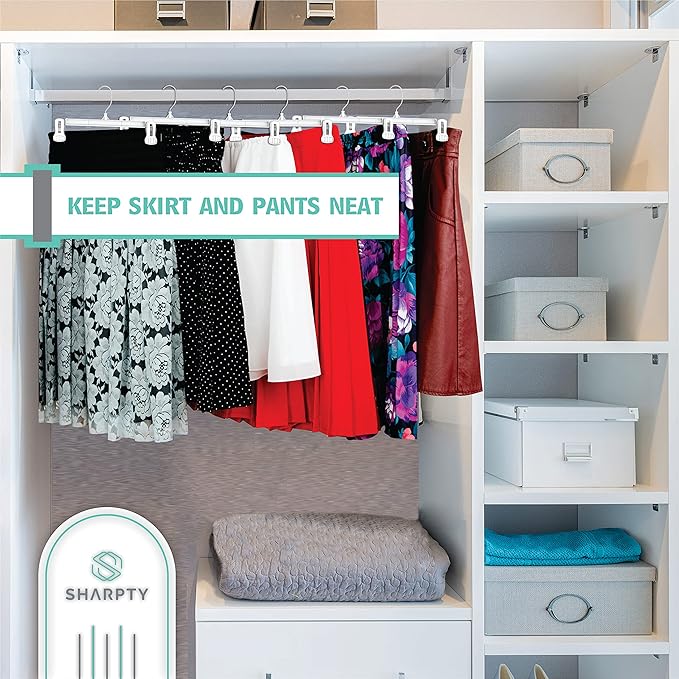 Sharpty Pant & Skirt Hangers - Closet Hangers for Shorts, Shirts, Jeans, Dresses, Slacks, Coats, Clothes, Clothing, Garments & More - Durable, Space Saving & Non-Slip, White - 25 Pack
