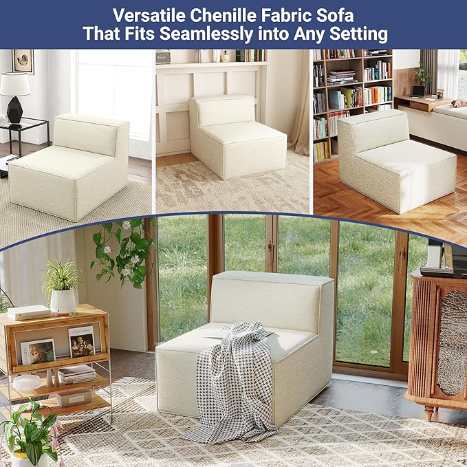 38“ Modular Sectional Sofa Convertible Cube Thick Couch Seat Set, Combine L-Shaped U-Shaped, Free Assembly, Space-Saving for Living Room, Fabric Chenille Beige White (Only Armless)