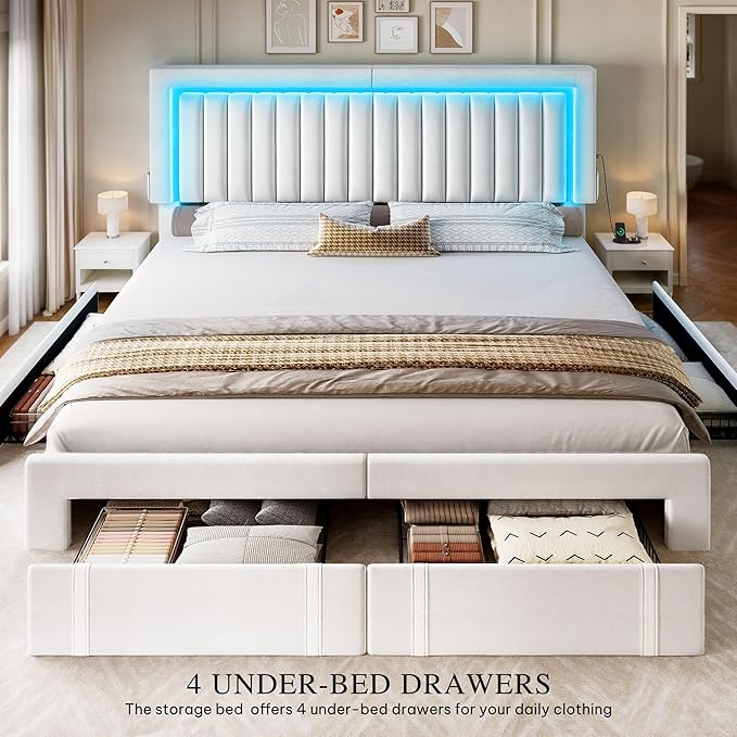 DWVO King Size Bed Frame with Adjustable Headboard, 4 Storage Drawers and RGB LED Lights, Velvet Upholstered Platform Bed with USB Ports, No Box Spring Needed, Fast Assembly, Noise-Free, White