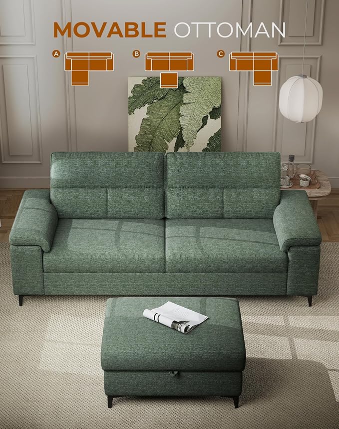 88.97" L Shaped Sectional Couches for Living Room, Deep Seat Sofa with Big Storage Ottoman & 8”Cushion, Comfy 2-Seater Chenille Loveseat, Convertible Armrest, Removable Cover for Small Space(Green)