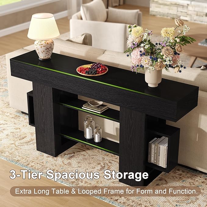Feonase 63 Inches Long Console Table for Entryway, Wooden Sofa Table Behind Couch with 3-Tier Storage, Modern Narrow Entry Hallway Table for Living Room Foyer Entrance, Black
