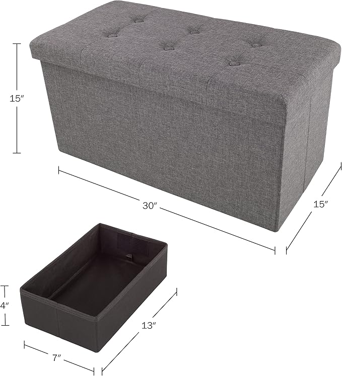 Storage Ottoman - 30-Inch Folding Tufted Footrest, Linen Chest, or Bench with Removable Bin for Living Room, Bedroom, or Dorm by Lavish Home (Gray)