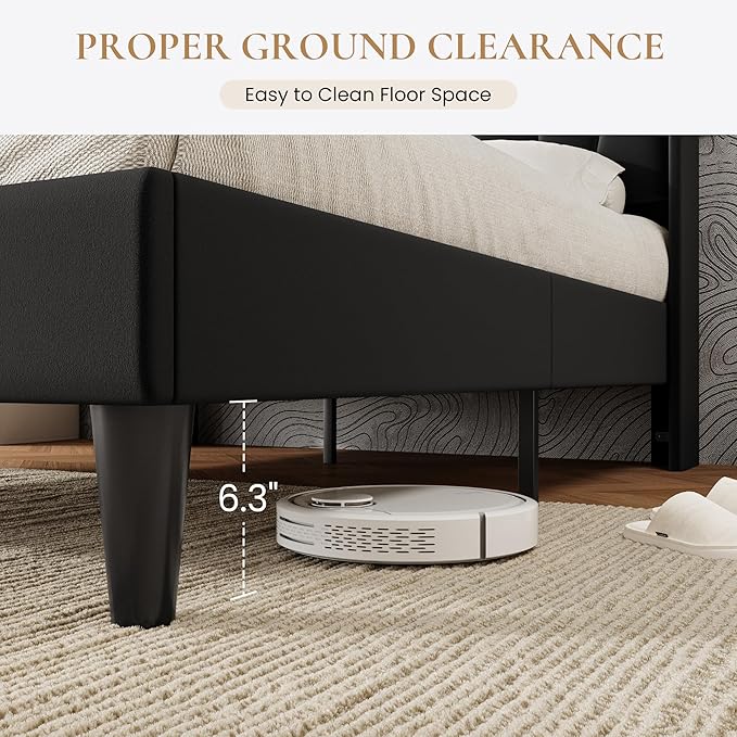 SHA CERLIN King Size Bed Frame with Charging Station and LED Lights, Modern Velvet Platform Bed with Upholstered Geometric Wingback Headboard, No Box Spring Needed, Easy Assembly, Black