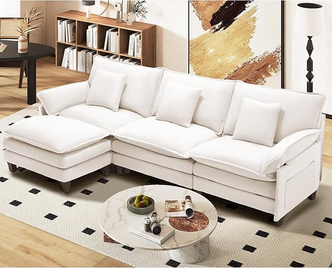 Comfy Cloud Couch with Movable Ottoman, Modular Sectional Sofa, 106" L Shaped Modern Sofa with Pillows, Deep Seat Couches for Living Room, Bedroom and Apartment, Beige