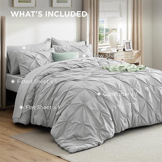 Bedsure Queen Comforter Set Light Grey - Bed in a Bag Queen Size Bedding 7 Pieces, GentleSoft™ Pintuck Bed Set Gift for Family, Pinch Pleat All Season Comforter with Sheets, Pillowcases & Shams