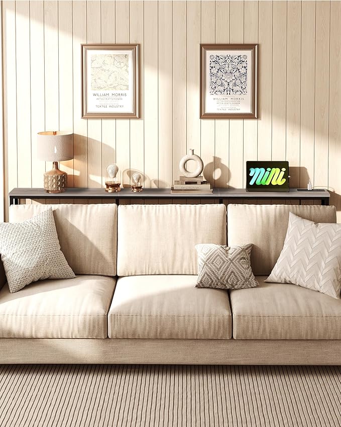 78.7" Narrow Console Table with Power Outlet 7.1" Skinny Sofa Table, Long Behind Couch with Charging Station for Hallway, Living Room Greige and Black TXG20UBG